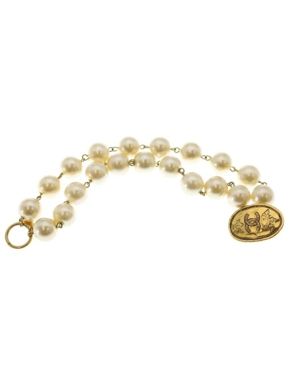 Chanel CC Logo Crown Faux Pearl Bracelet White Gold